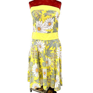 Angie Strapless Sundress Size M Yellow Gray Sunflower Floral Print Cotton Dress
